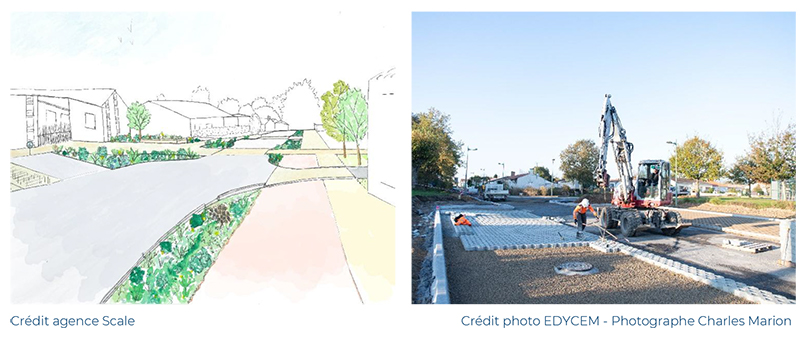 2025 02 27 EDYCEM Les dalles ClaustraPark EDYCEM favorisent le confort urbain a Saint Julien des Landes croquis a gauche travaux a droite