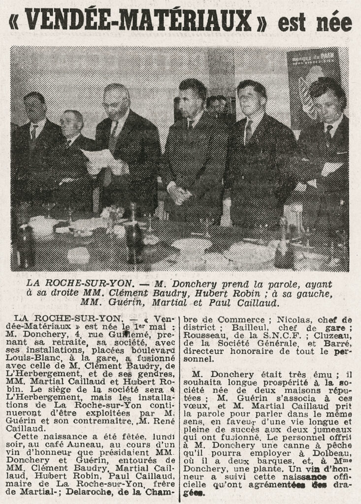 Article de presse annonçant la création de Vendée Matériaux en 1962, illustrant la période de consolidation familiale et du développement du négoce