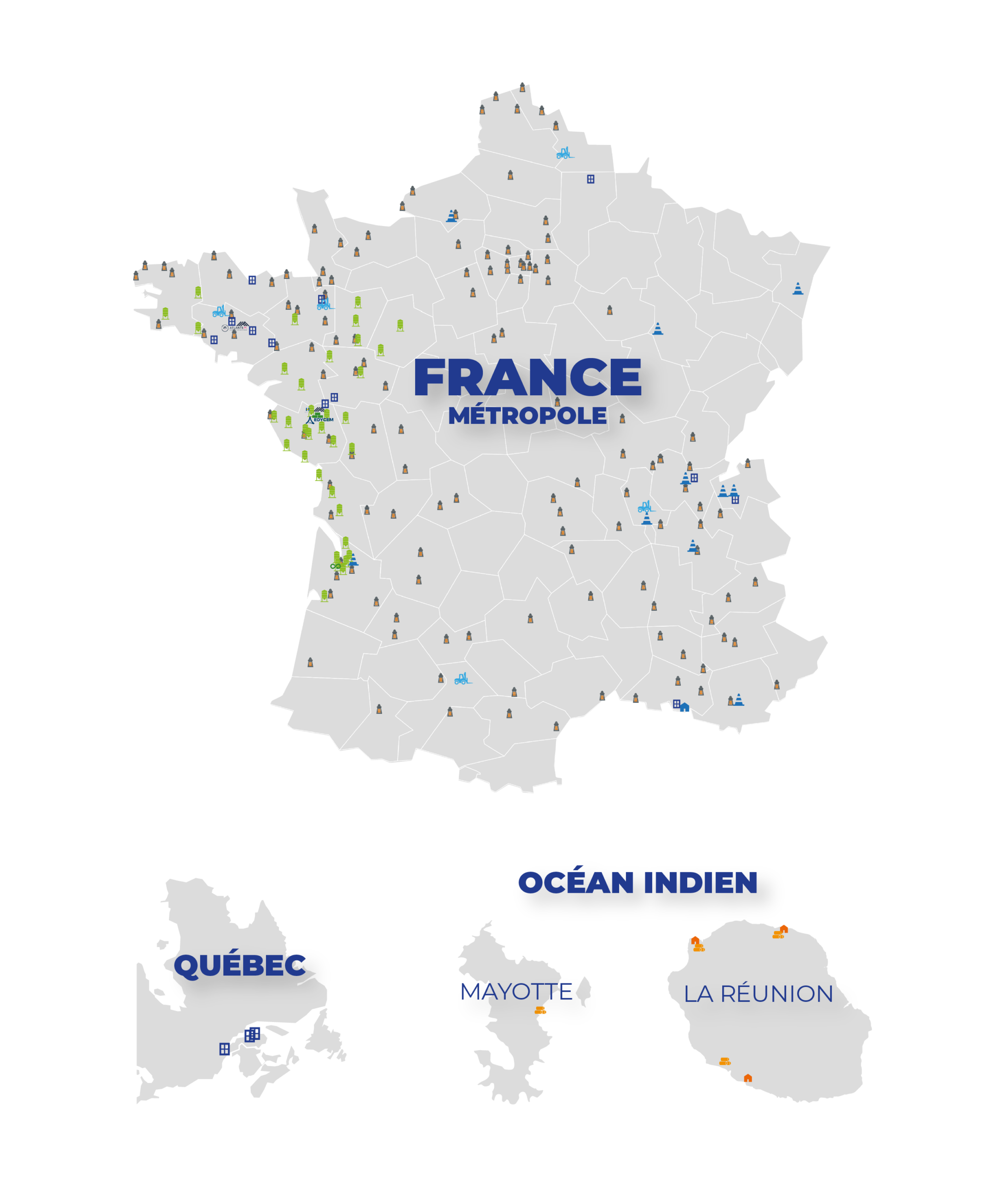 Carte des implantations des sites du groupe HERIGE Industries en France et au Canada