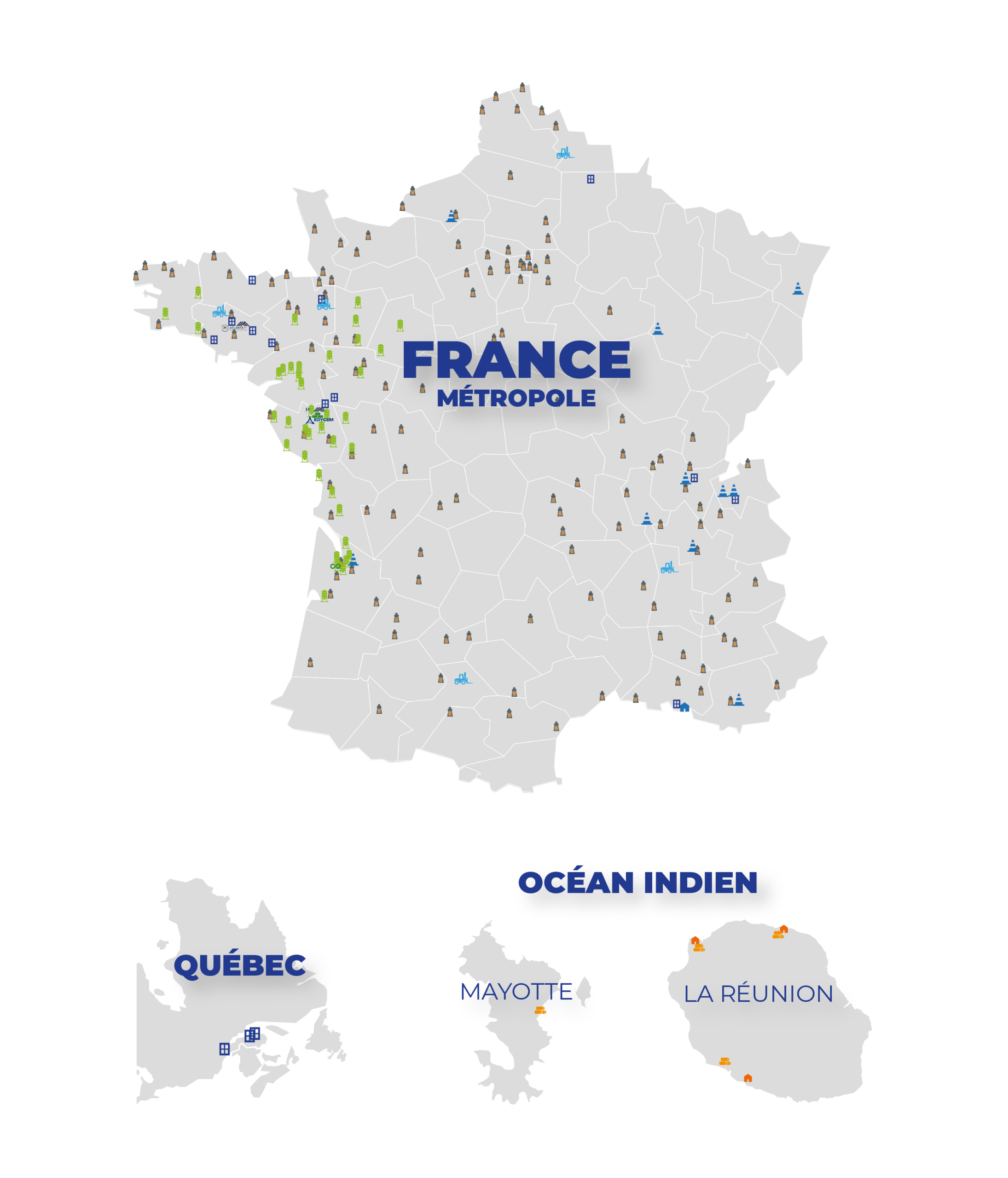 Carte des implantations des sites du groupe HERIGE Industries en France et au Canada